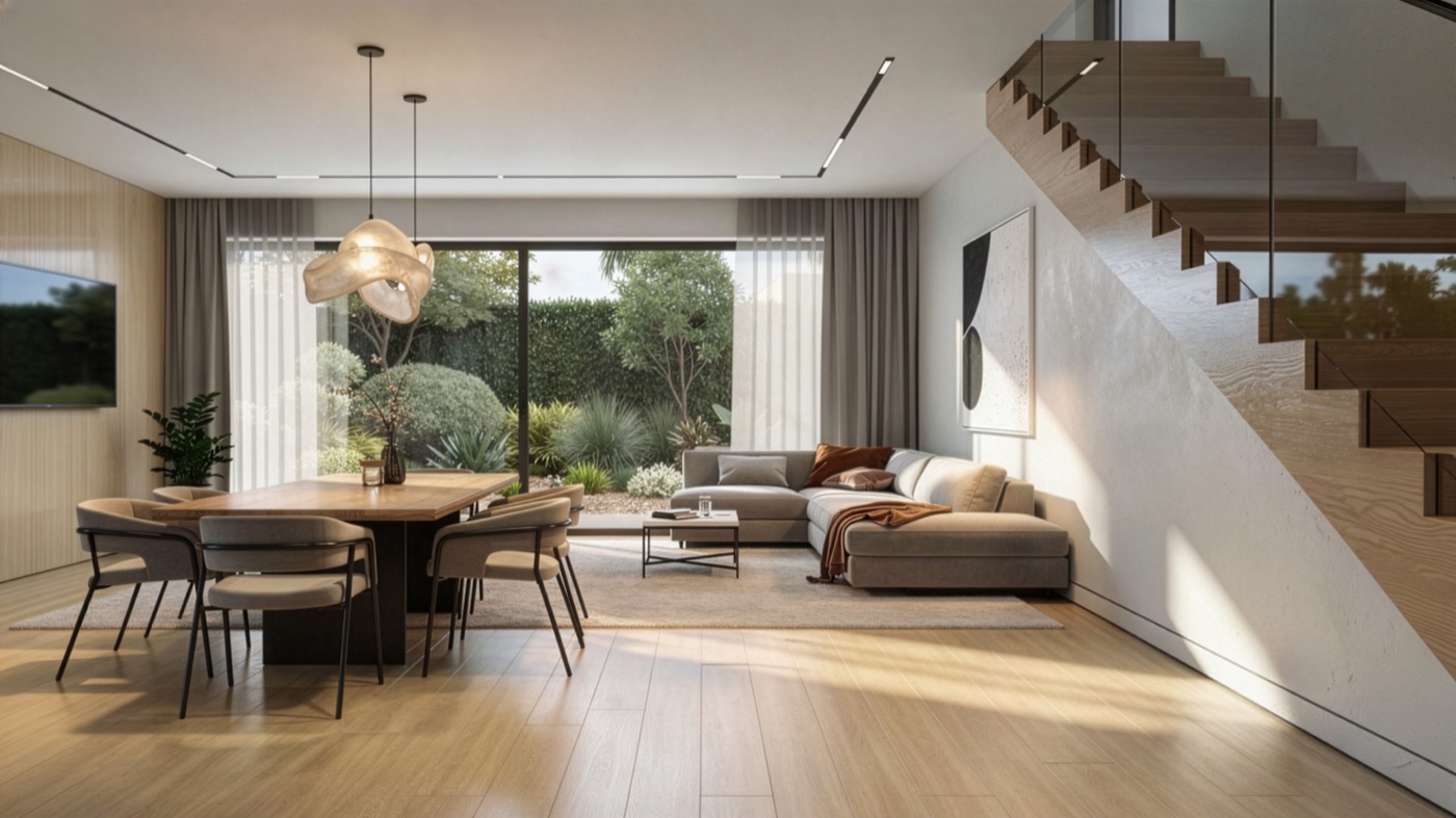 Nowoczesny salon z jadalnią w domu DRB Development